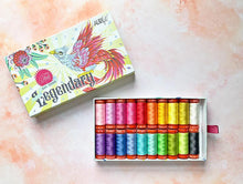 Load image into Gallery viewer, Rainbow assortment of Aurifil thread spools in a decorative Legendary box. Curated by Tula Pink for Aurifil. Available at globalfibershop.com.