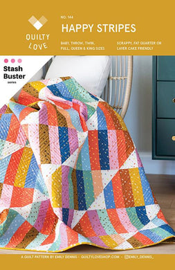 Happy Stripes is fast, easy and best of all, Stash Friendly! This quick strip pieced quilt is part of the Quilty Love stash buster series. Paper pattern available at globalfibershop.com.