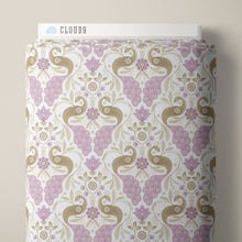 Load image into Gallery viewer, Decorative pattern with peacocks and flowers on a white background. From the Bohemian Spirit Collection by Dots & Glory for Cloud9 Fabrics sold at globalfibershop.com.