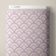 Load image into Gallery viewer, Pattern of overlapping circular shapes with floral elements on a light purple background. Decorative pattern with teardrop shapes on a beige background. From the Bohemian Spirit Collection by Dots & Glory for Cloud9 Fabrics sold at globalfibershop.com.