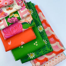 Load image into Gallery viewer, Flowerland, brought to you by Ruby Star Society, designer Melody Miller, features a vibrant color palette blue, green, pink and gold - and her signature floral and butterfly prints. Available at globalfibershop.com.