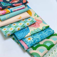 Load image into Gallery viewer, Flowerland, brought to you by Ruby Star Society designer Melody Miller, features a vibrant color palette blue, green, pink and gold - and her signature floral and butterfly prints. Available at globalfibershop.com.