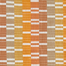 Load image into Gallery viewer, Textile pattern with orange, brown, and white stripes on a grid background. Embrace the charm of the rainbow with Fableism Supply Co’s ‘Lucky Loom’ fabric collection—a dazzling fusion of mixed weight wovens inspired by moments of serendipity. This collection’s palette radiates warmth and whimsy, featuring golden yellows, soft pinks, earthy greens, tranquil blues, and rich purples, each reminiscent of the colors in a lucky rainbow. Available at globalfibershop.com.