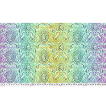 Load image into Gallery viewer, A close-up of patterned fabric with a repeating ornate damask-style design in pastel rainbow tones, shown with a white ruler along the bottom edge for scale.