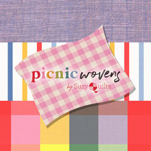 Load image into Gallery viewer, Checkered fabric with 'picnic wovens by Suzy Quilts' text on a colorful background