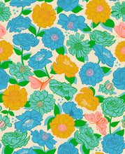 Load image into Gallery viewer, Flowerland, brought to you by Ruby Star Society, designer Melody Miller, features a vibrant color palette blue, green, pink and gold - and her signature floral and butterfly prints. Available at globalfibershop.com.