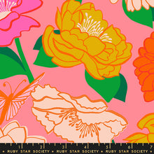 Load image into Gallery viewer, Flowerland, brought to you by Ruby Star Society, designer Melody Miller, features a vibrant color palette blue, green, pink and gold - and her signature floral and butterfly prints. Available at globalfibershop.com.