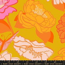 Load image into Gallery viewer, Flowerland, brought to you by Ruby Star Society designer Melody Miller, features a vibrant color palette blue, green, pink and gold - and her signature floral and butterfly prints. Available at globalfibershop.com.