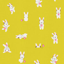 Load image into Gallery viewer, Pattern of bunnies with headphones on a yellow background. From Lofi Ruby Star Society at globalfibershop.com.