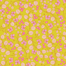 Load image into Gallery viewer, Floral pattern with pink flowers and leaves on a citron background