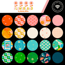 Load image into Gallery viewer, Flowerland, brought to you by Ruby Star Society, designer Melody Miller, features a vibrant color palette blue, green, pink and gold - and her signature floral and butterfly prints. Available at globalfibershop.com.