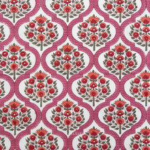 Load image into Gallery viewer, Patterned fabric with red floral design and 'Fableism' branding. Indian Block Print available at globalfibershop.com.