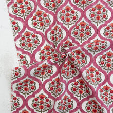 Load image into Gallery viewer, Patterned fabric with red floral design and 'Fableism' branding. Indian Block Print available at globalfibershop.com.