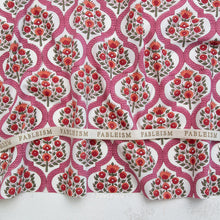 Load image into Gallery viewer, Patterned fabric with red floral design and 'Fableism' branding. Indian Block Print available at globalfibershop.com.