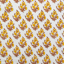 Load image into Gallery viewer, Yellow and gold Floral patterned fabric with 'Fableism' branding on a white background. Indian Block Prints available at globalfibershop.com.
