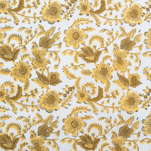 Load image into Gallery viewer, Gold floral pattern on white fabric with 'Fableism' branding. Indian Block Prints available at globalfibershop.com.