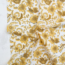 Load image into Gallery viewer, Gold floral pattern on white fabric with 'Fableism' branding. Indian Block Prints available at globalfibershop.com.