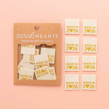 Load image into Gallery viewer, Made in 2026 Gold Woven Labels - Quilt and Clothing Tags