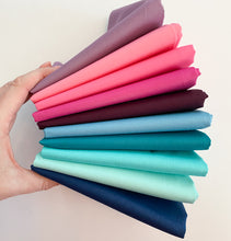 Load image into Gallery viewer, Quilt bundle of blue, purple and pink with grey background and Floral quilt backing. All Art Gallery Fabrics PURE solids and Cotton Couture by Michael Miller Fabrics.