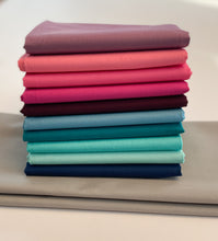 Load image into Gallery viewer, Quilt bundle of blue, purple and pink with grey background and Floral quilt backing. All Art Gallery Fabrics PURE solids and Cotton Couture by Michael Miller Fabrics.