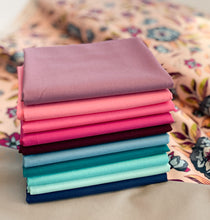 Load image into Gallery viewer, Quilt bundle of blue, purple and pink with grey background and Floral quilt backing. All Art Gallery Fabrics PURE solids and Cotton Couture by Michael Miller Fabrics.