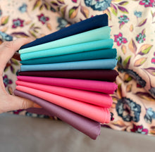 Load image into Gallery viewer, Quilt bundle of blue, purple and pink with grey background and Floral quilt backing. All Art Gallery Fabrics PURE solids and Cotton Couture by Michael Miller Fabrics.