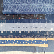Load image into Gallery viewer, Layout of geometric and ditsy floral prints on navy and indigo background by Japanese designer Sevenberry for Robert Kaufman Fabrics.
