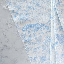 Load image into Gallery viewer, Gander the trees that produce the most beautiful of blooms, attracting lovely birds, butterflies, and bees to drink nectar, play in pollen, and seek shelter in their branches. Flowering trees features 13 prints on undyed organic cotton poplin. Sold at globalfibershop.com