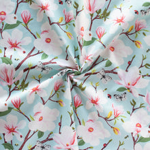 Load image into Gallery viewer, Gander the trees that produce the most beautiful of blooms, attracting lovely birds, butterflies, and bees to drink nectar, play in pollen, and seek shelter in their branches. Flowering trees features 13 prints on undyed organic cotton poplin. Sold at globalfibershop.com
