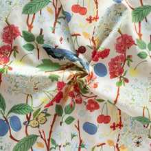 Load image into Gallery viewer, Gander the trees that produce the most beautiful of blooms, attracting lovely birds, butterflies, and bees to drink nectar, play in pollen, and seek shelter in their branches. Flowering trees features 13 prints on undyed organic cotton poplin. Sold at globalfibershop.com