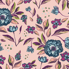 Load image into Gallery viewer, Blue and Purple jewel toned flowers on a pink background in the Enchanted Flora Ablush print by Art Gallery Fabrics.
