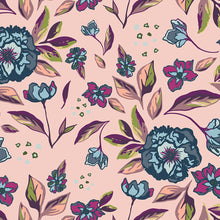 Load image into Gallery viewer, Blue and Purple jewel toned flowers on a pink background in the Enchanted Flora Ablush print by Art Gallery Fabrics.