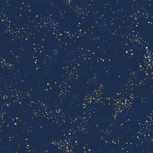 Load image into Gallery viewer, Speckled, brought to you by RSS designer Rashida Coleman Hall, features subtle speckled, (some metallic) blenders. We liken "speckled" to your happiest accident paint splatter turned perfect fabric background or blender. Navy features a navy blue background with blue and gold speckles.