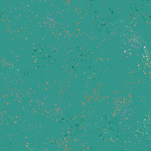 Load image into Gallery viewer, Speckled, brought to you by RSS designer Rashida Coleman Hall features subtle speckled, some metallic, blenders. We liken "speckled" to your happiest accident paint splatter turned perfect fabric background or blender. Succulent is a teal green background with green and peach speckles.