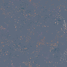 Load image into Gallery viewer, Speckled, brought to you by RSS designer Rashida Coleman Hall, features subtle speckled, (some metallic) blenders. We liken "speckled" to your happiest accident paint splatter turned perfect fabric background or blender. Blue Slate is a grey background with peach and blue speckles.