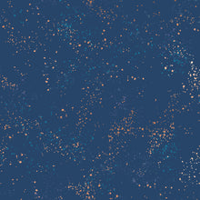 Load image into Gallery viewer, Speckled, brought to you by RSS designer Rashida Coleman Hall, features subtle speckled, (some metallic) blenders. We liken "speckled" to your happiest accident paint splatter turned perfect fabric background or blender. Bluebell is an Indigo blue background with peach speckles.