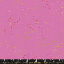 Load image into Gallery viewer, Speckled, brought to you by RSS designer Rashida Coleman Hall, features subtle speckled, (some metallic) blenders. We liken "speckled" to your happiest accident paint splatter turned perfect fabric background or blender. Daisy is a pink background with red and gold speckles.