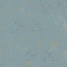 Load image into Gallery viewer, Speckled, brought to you by RSS designer Rashida Coleman Hall, features subtle speckled, (some metallic) blenders. We liken "speckled" to your happiest accident paint splatter turned perfect fabric background or blender. Soft Blue is a muted blue background with Indigo, gold and cream speckles.