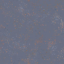 Load image into Gallery viewer, Speckled, brought to you by RSS designer Rashida Coleman Hall, features subtle speckled, (some metallic) blenders. We liken "speckled" to your happiest accident paint splatter turned perfect fabric background or blender. Sold at globalfibershop.com Denim is a washed blue background with peach and blue speckles.
