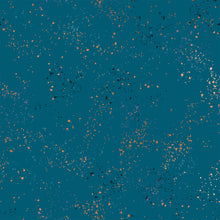 Load image into Gallery viewer, Speckled, brought to you by RSS designer Rashida Coleman Hall features subtle speckled, some metallic, blenders. We liken "speckled" to your happiest accident paint splatter turned perfect fabric background or blender. Sold at globalfibershop.com. Teal features blue background with blue and gold speckles.
