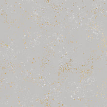 Load image into Gallery viewer, Speckled, brought to you by RSS designer Rashida Coleman Hall, features subtle speckled, (some metallic) blenders. We liken &quot;speckled&quot; to your happiest accident paint splatter turned perfect fabric background or blender. Sold at globalfibershop.com Dove is a grey background with grey and gold speckles.
