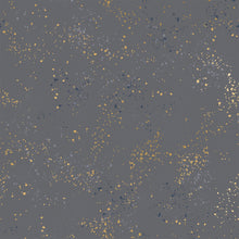 Load image into Gallery viewer, Speckled, brought to you by RSS designer Rashida Coleman Hall, features subtle speckled, (some metallic) blenders. We liken "speckled" to your happiest accident paint splatter turned perfect fabric background or blender. Sold at globalfibershop.com Cloud is a deep grey background with gold and blue speckles.