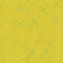 Load image into Gallery viewer, Speckled, brought to you by RSS designer Rashida Coleman Hall, features subtle speckled, (some metallic) blenders. We liken "speckled" to your happiest accident paint splatter turned perfect fabric background or blender. Sold at globalfibershop.com. Citron features is a yellow background with blue and gold speckles.