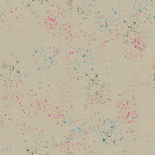 Load image into Gallery viewer, Speckled, brought to you by RSS designer Rashida Coleman Hall, features subtle speckled, (some metallic) blenders. We liken "speckled" to your happiest accident paint splatter turned perfect fabric background or blender. Sold at globalfibershop.com. Khaki features blue, teal and pink on a khaki background.