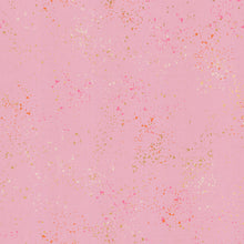 Load image into Gallery viewer, Speckled, brought to you by RSS designer Rashida Coleman Hall, features subtle speckled, (some metallic) blenders. We liken "speckled" to your happiest accident paint splatter turned perfect fabric background or blender. Sold at globalfibershop.com. Peony features a pink background with pink, cream and gold speckles.
