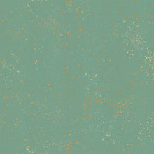 Load image into Gallery viewer, Speckled, brought to you by RSS designer Rashida Coleman Hall features subtle speckled, some metallic, blenders. We liken "speckled" to your happiest accident paint splatter turned perfect fabric background or blender. Soft Aqua is an aqua background with cream and gold speckles.