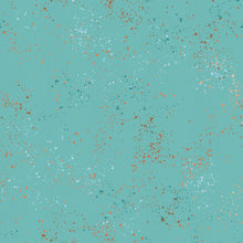 Load image into Gallery viewer, Speckled, brought to you by RSS designer Rashida Coleman Hall, features subtle speckled, (some metallic) blenders. We liken "speckled" to your happiest accident paint splatter turned perfect fabric background or blender. Sold at globalfibershop.com. Turquoise is a teal blue background with rust, peach and blue speckles.