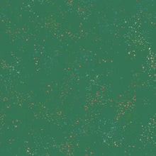 Load image into Gallery viewer, Speckled, brought to you by RSS designer Rashida Coleman Hall features subtle speckled, some metallic, blenders.  We liken "speckled" to your happiest accident paint splatter turned perfect fabric background or blender. Emerald is a green background with blue, cream and gold speckles.