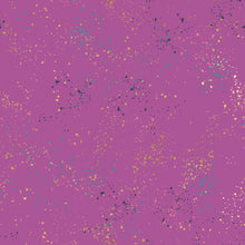 Load image into Gallery viewer, Speckled, brought to you by RSS designer Rashida Coleman Hall, features subtle speckled, (some metallic) blenders. We liken "speckled" to your happiest accident paint splatter turned perfect fabric background or blender. Sold at globalfibershop.com. Witchy features purple background with blue, gold and navy speckles.
