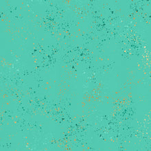 Load image into Gallery viewer, Speckled, brought to you by RSS designer Rashida Coleman Hall, features subtle speckled, (some metallic) blenders. We liken "speckled" to your happiest accident paint splatter turned perfect fabric background or blender. Sold at globalfibershop.com. Icebox is a teal green background with green and gold speckles.
